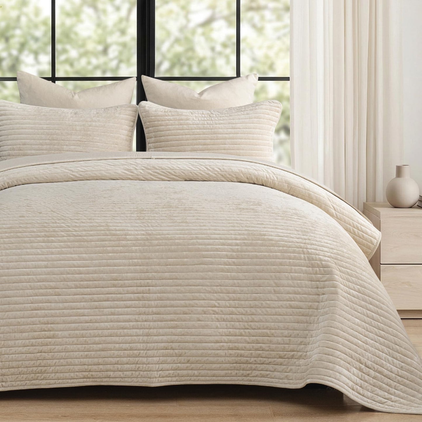PHF Luxury Velvet Quilt Set Queen Size – 3PCS Ultra Soft Quilted Comforter Alternative with Striped Channel, Cozy Quilted Bedspread, 1 Coverlet with 2 Matching Shams, 90" x 92", Sand