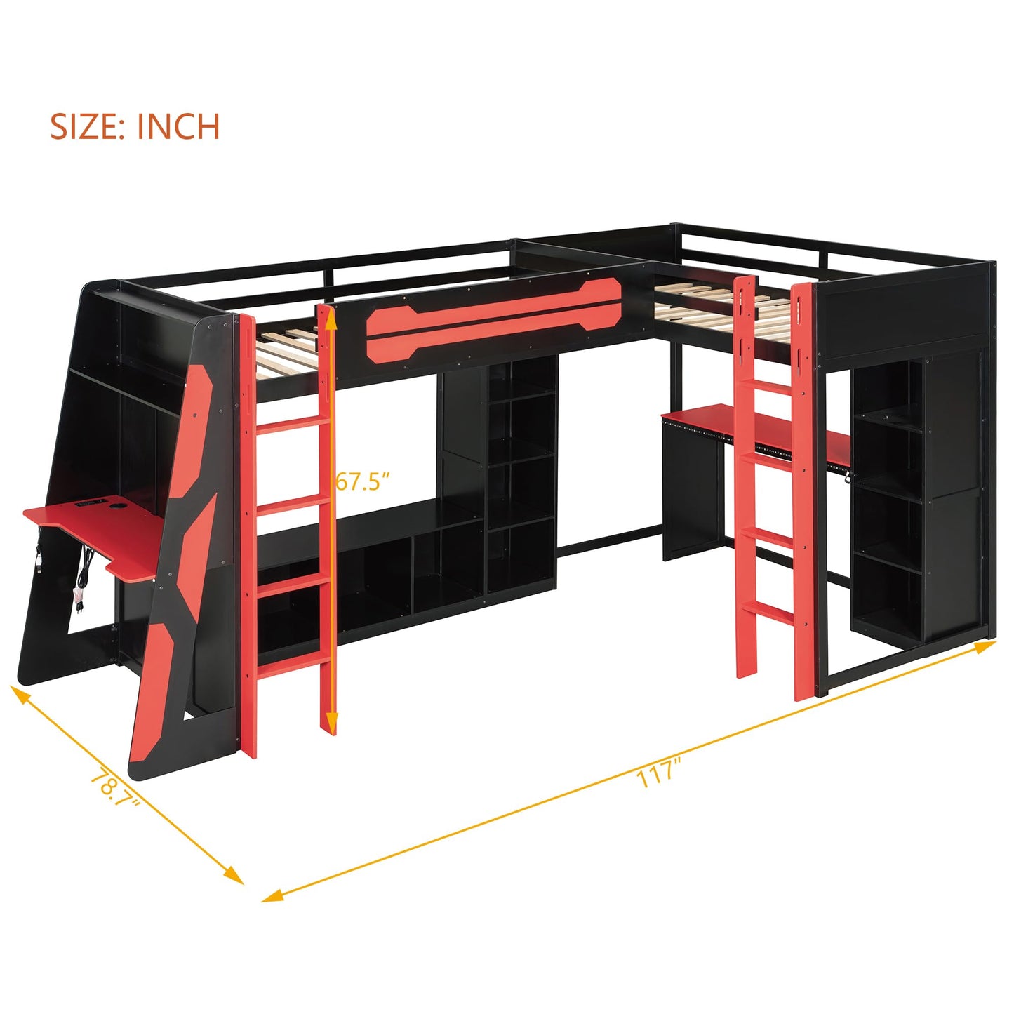 HRJHLucky Twin Size L-Shaped Gaming Loft Bed with RGB LED Lights, USB Ports, TV Stand and Dual Beds, Wood Loft Bed Frame with Desk and Storage Shelves (Red)