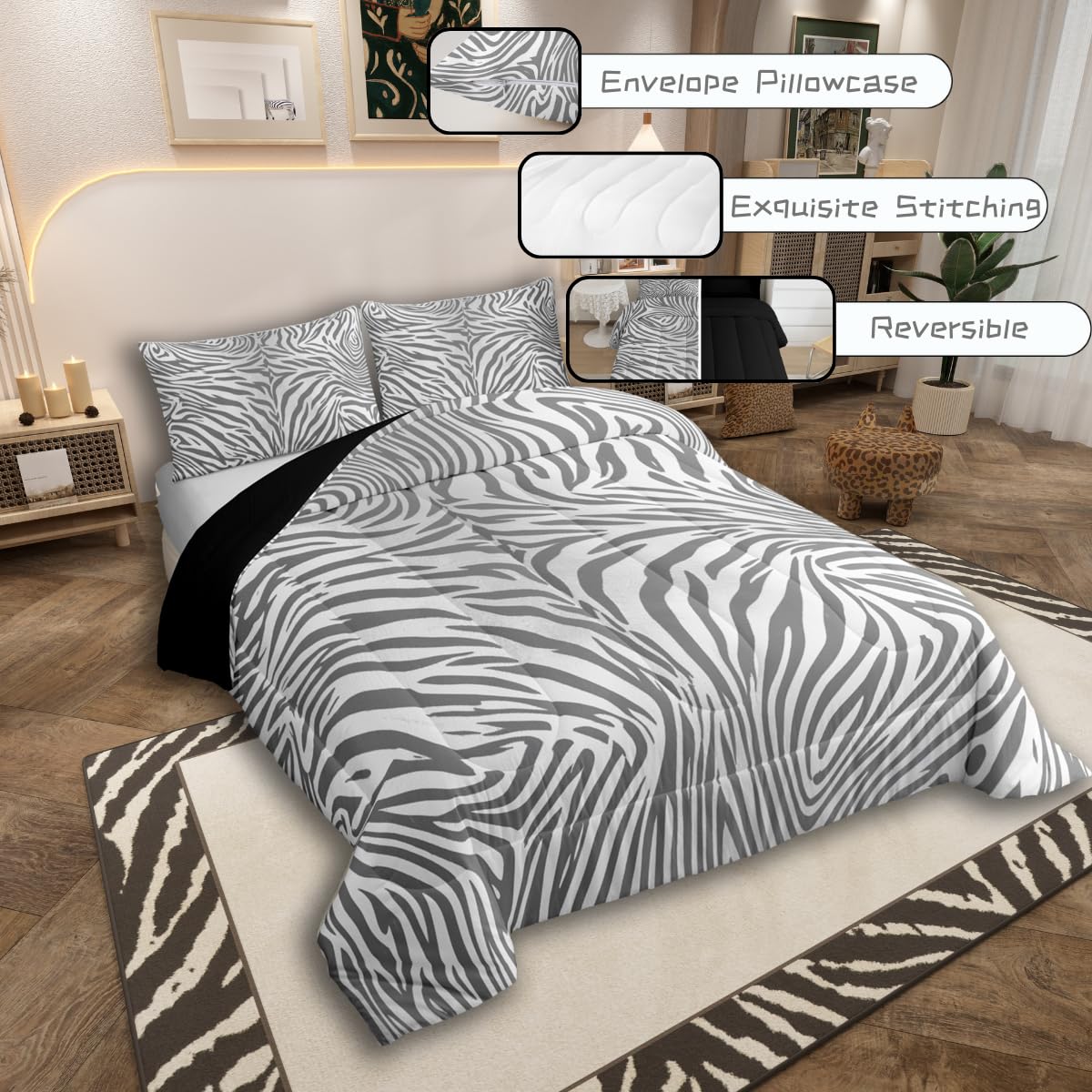 jejeloiu Leopard Bedding Set Soft for Boys Girls, Grey and White Tiger Texture Comforter Set Queen Size Animal Skin Duvet Quilt Cheetah Cowhide Bedroom Decor 3 Pcs with 2 Pillow Cases