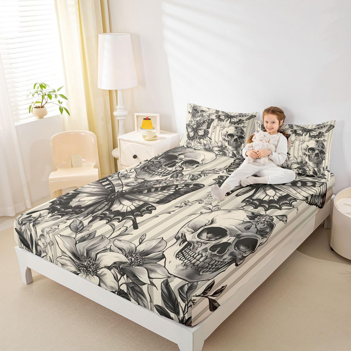 jejeloiu Black Skull and Butterfly Bed Sheets Set Queen Size Happy Halloween Bed Set Grey and White Deep Pocket Fitted Sheet Breathable Soft Lightweight Microfiber