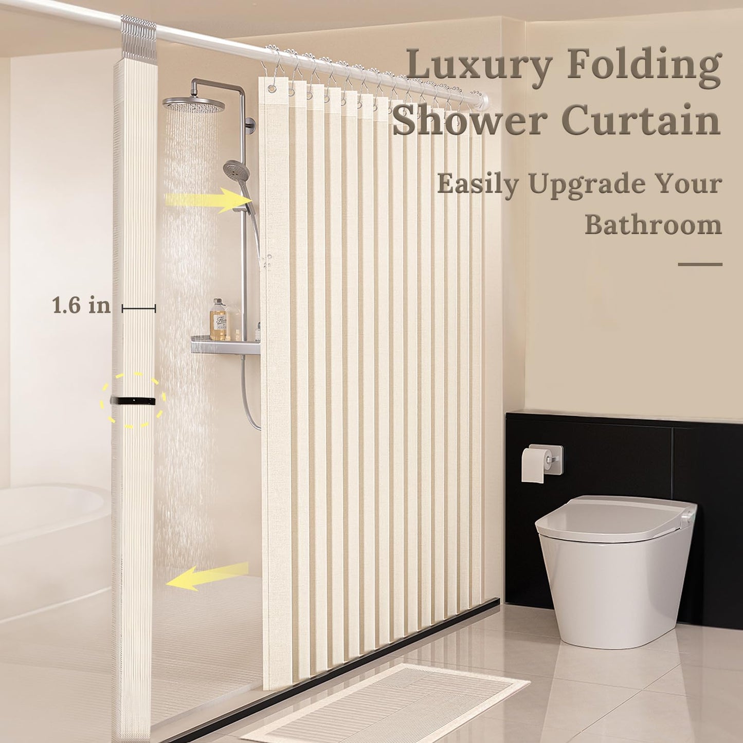 South to East Waterproof Shower Curtain for Bathroom, Folding Fabric Shower Curtain with Magnets, No Liner Required, 72x72 Inch Heavy Duty Thick Magnetic Shower Curtains, Stainless Steel Hooks, Beige