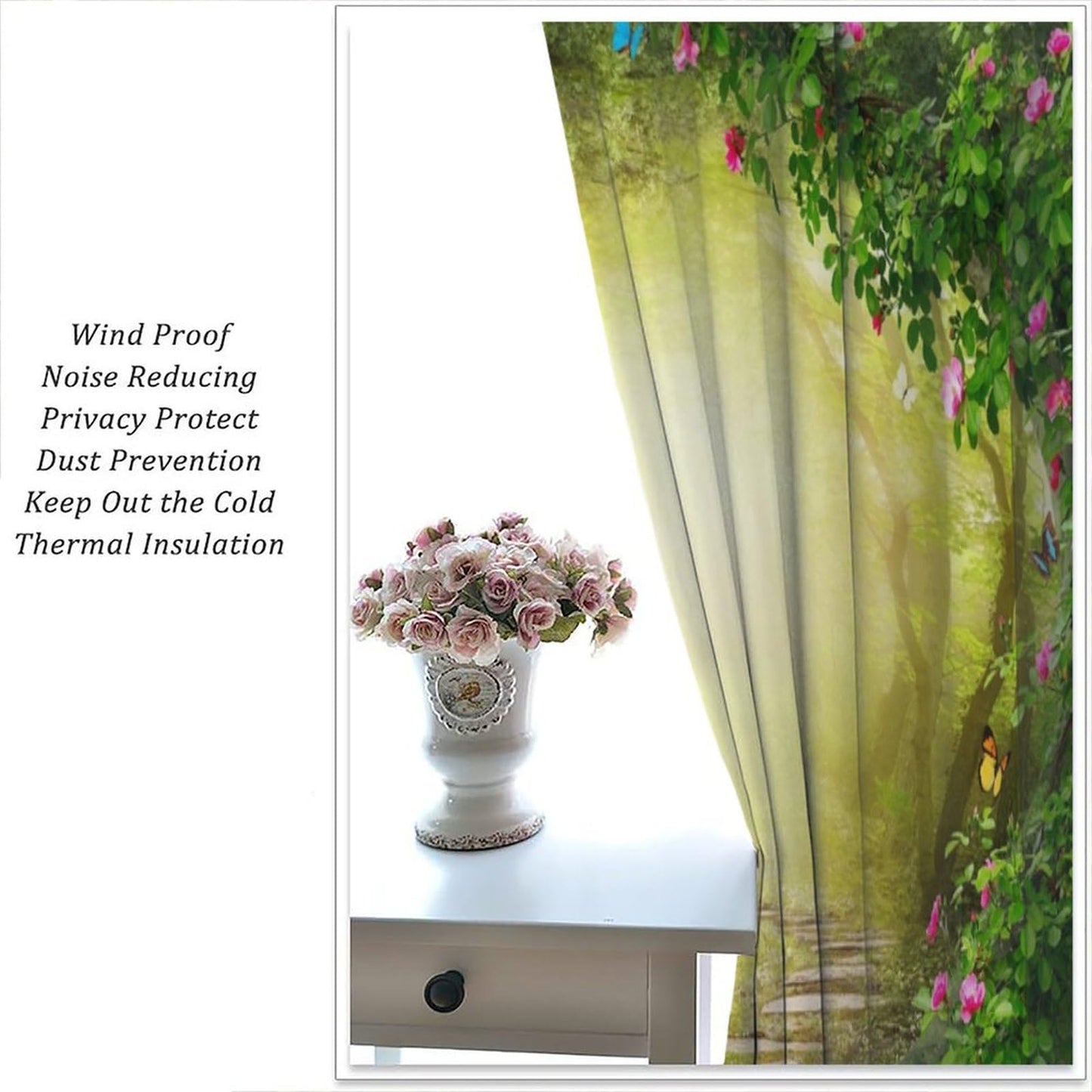 Enchanted Woodland Curtain, Fantasy Fairy Tale Butterfly Tree Mushroom Jungle Rainforest Nature Scenery Window Drapes for Kids Bedroom Living Room 42" W X 45" L(30% Blackout)