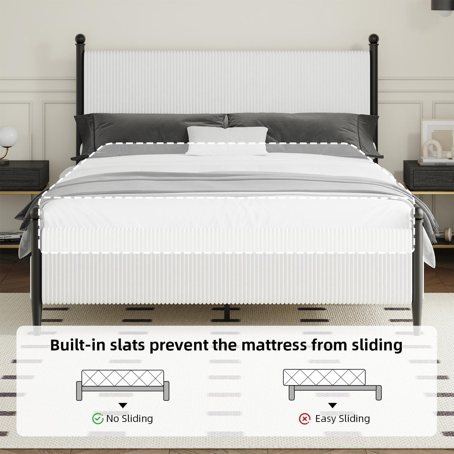 BarnFurin Full Size Bed Frame with Headboard, Upholstered Metal Platform Bed with Corduroy Velvet and Wooden Slats, Sturdy Noise-Free Design, Easy Assembly, No Box Spring Needed, White