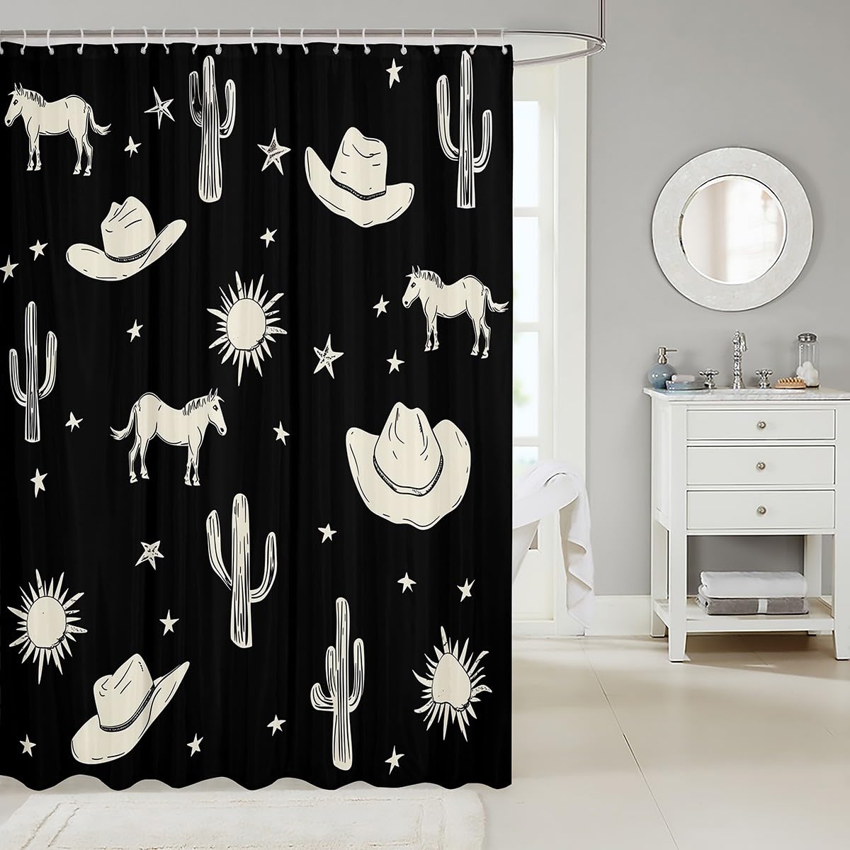 jejeloiu West Cowboy Shower Curtain 72"x78" Western Bath Curtain Boys Girls Teens Cactus Hat Horse Bathroom Shower Curtain Set Waterproof Rodeo Cowboy Kids Bathroom Accessories Star Sun,12 Hooks Suits