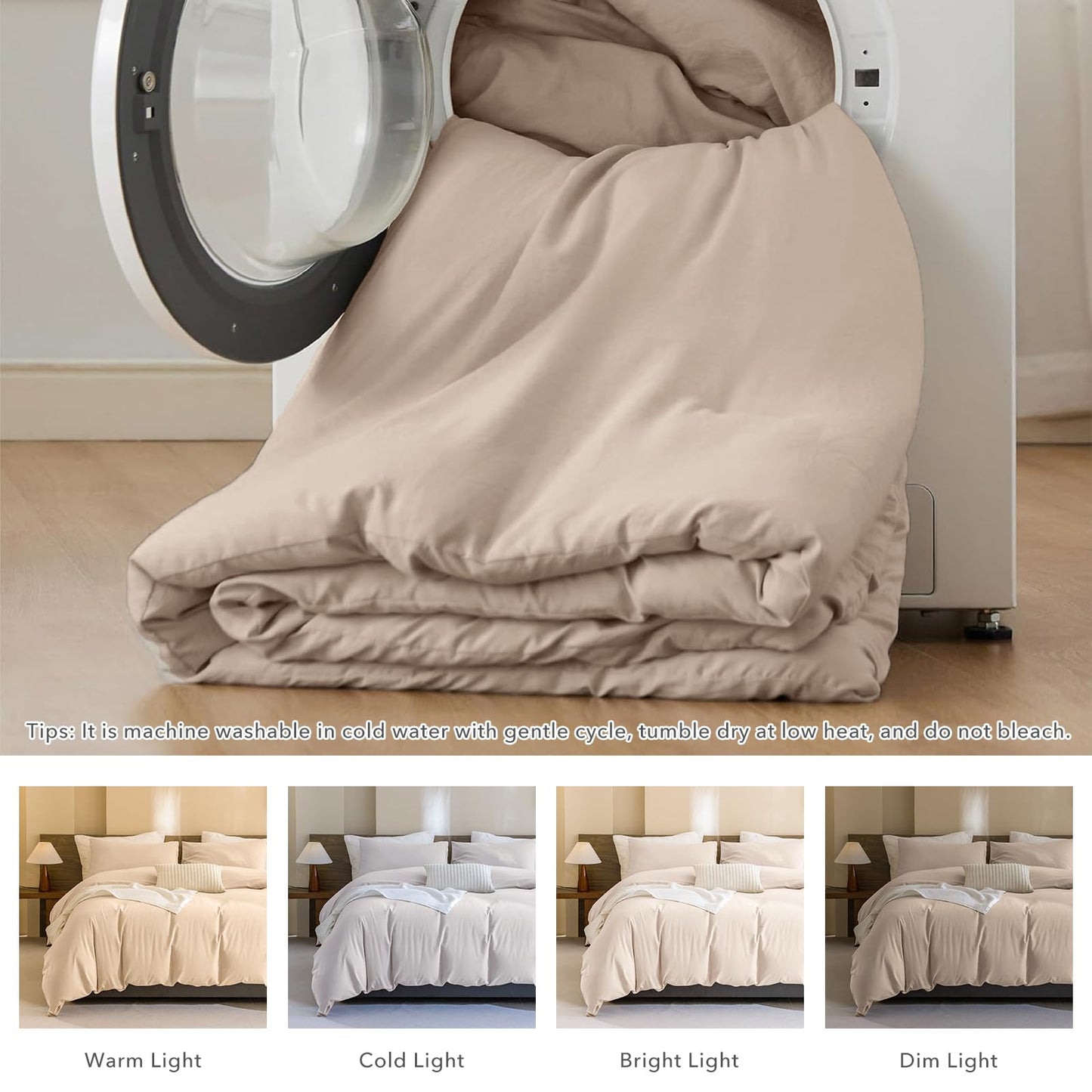CozyTide King Size Comforter Set,Washed Cotton Boho Bedding Comforter Set Soft Lightweight Fluffy Aesthetic Bedding Set 3 Pieces(1 Beige Khaki Comforter and 2 Pillowcases)