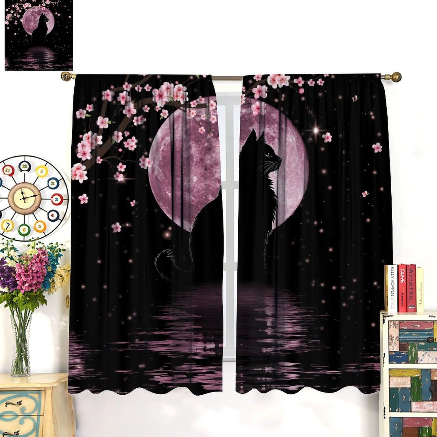 wlsgdsg Asian Cat Curtains for Kitchen Cartoon Cherry Blossom Pink Floral Moon Phase Black Cat Japanese Style Kawaii Cute Print for Kids Bedroom Living Room Bathroom 42x45In（No Blackout）