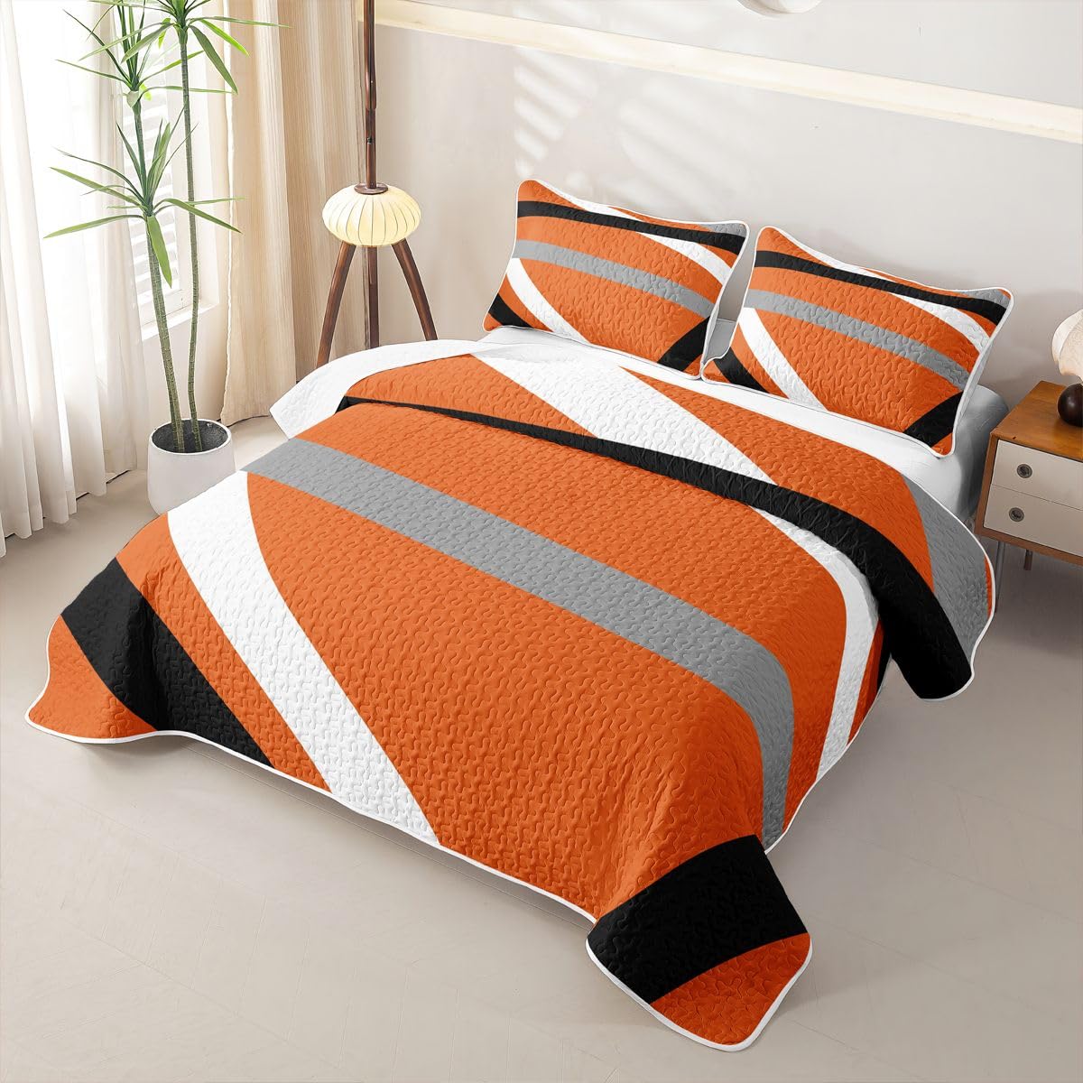 Erosebridal Orange Gray Black Striped Quilt Set Modern Abstract Quilt Twin Geometric Lines Quilted Bedspread Aesthetic Boho Coverlet Bedroom Decor