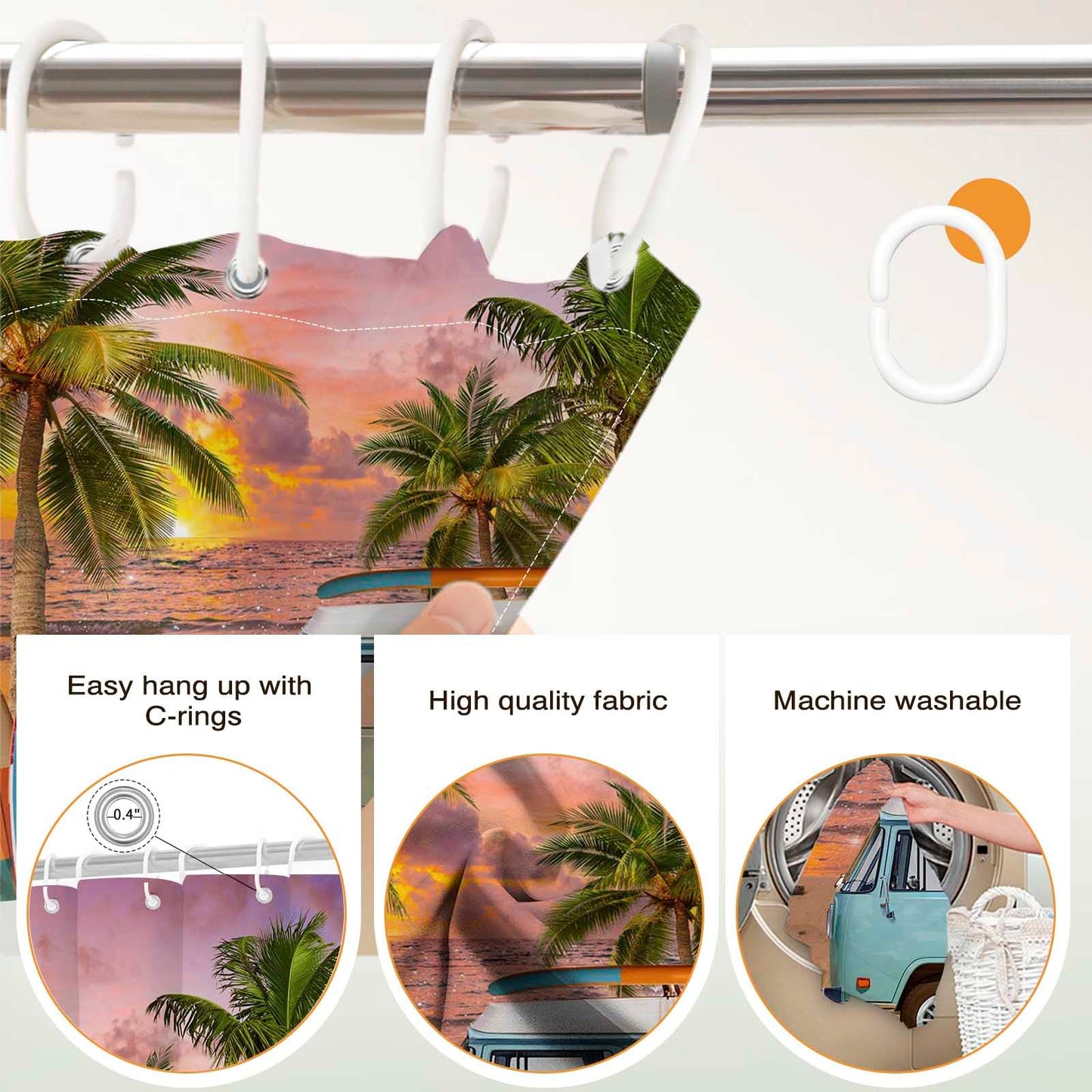 Tropical Beach Ocean Shower Curtain, Beach Palm Tree Summer Bathroom Decor Bath Curtain, Waterproof Hawaii Coastal Surfboard Tour Bus Bath Curtain, 72 X 72 Inch (Orange, 72"W x 72"L (Pack of 1))