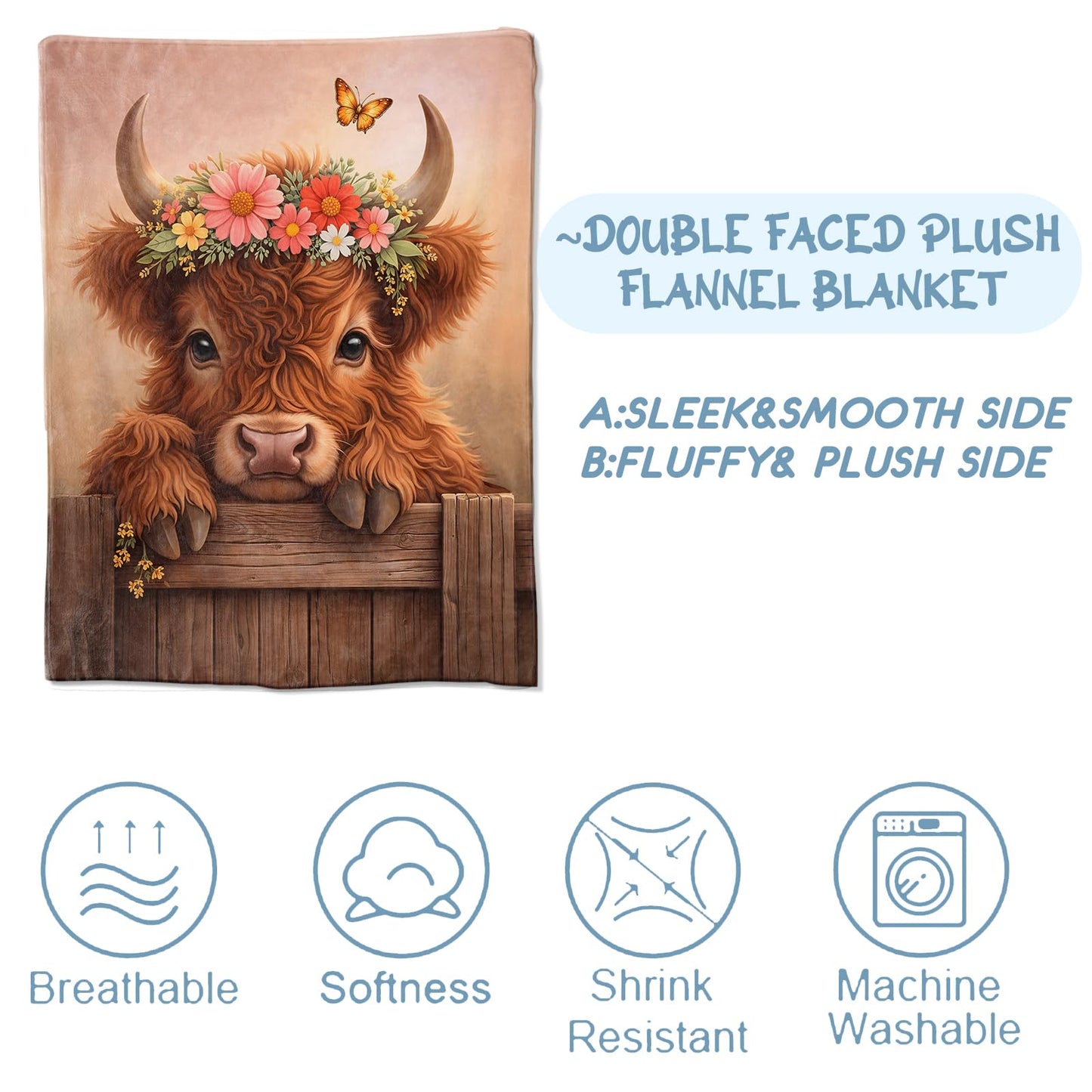 Zeleda Floral Highland Cow Flannel Blanket, Soft Cozy Throw with Flower and Farm Animal, Cute Home Bedroom Decor and Gifts for Women Girls Teens, Lightweight Blankets for All Seasons, 50x60 Inch