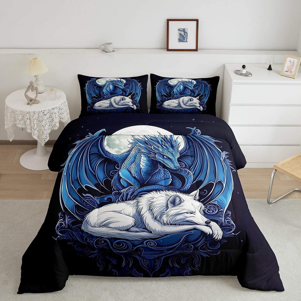 Erosebridal Dragon Comforter Set Full Size for Boys, Wolf Animals Bedding Set, Tribal Exotic Wildlife Down Comforter for Boys Adult Men Room, Moon Starry Sky Quilt, Black Blue
