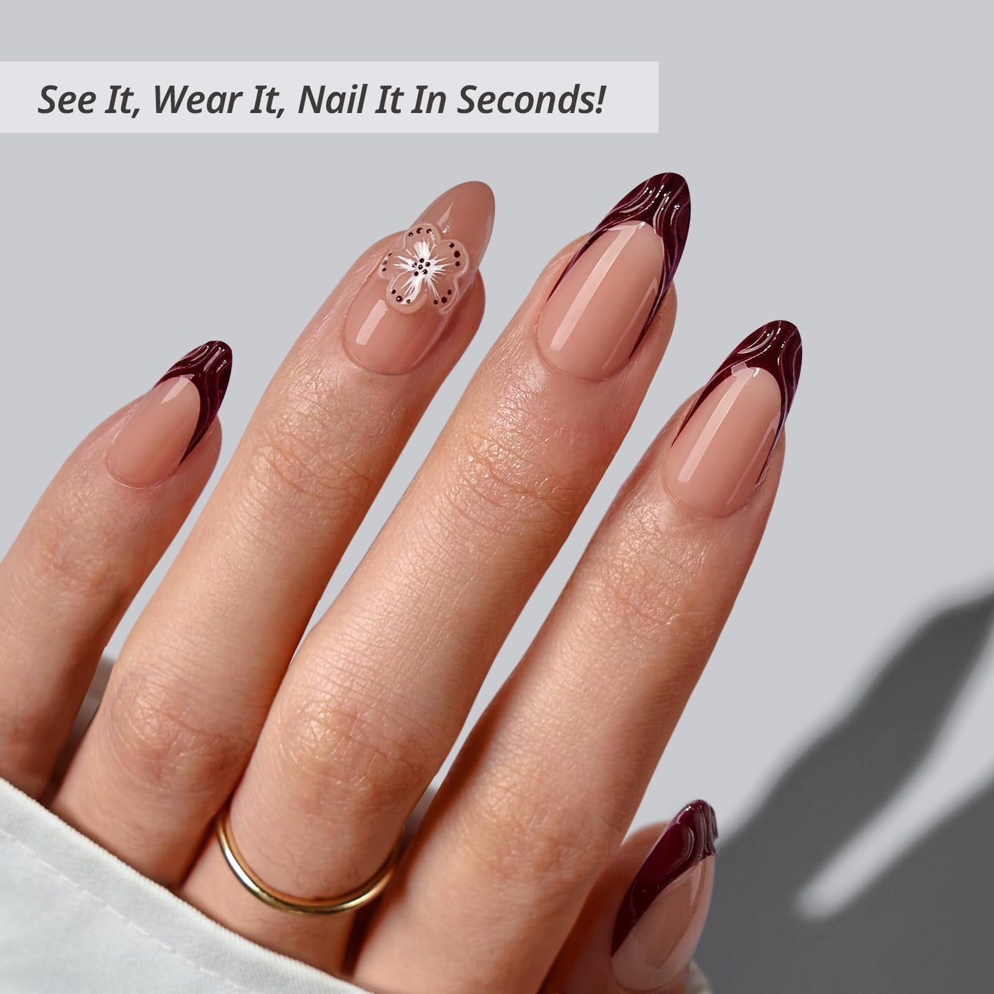 BTArtbox Press On Nails Medium - Rosewood, 3D Flower Almond Brown French Tip Press On Nails with Glue and Adhesive Tabs for Women, Soft Gel Glue On Nails in 15 Sizes - 30 Stick On Nails Kit