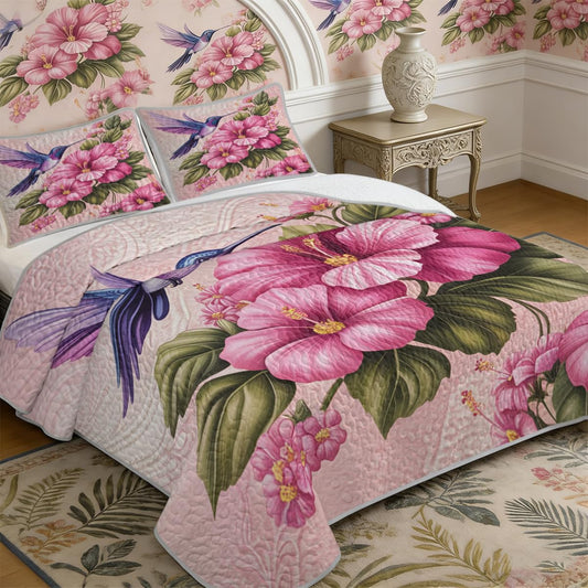 ARIGHTEX Flower Bird Quilt Set Queen Size Pink Hibiscus Hummingbird Floral Bedding Set Lightweight Botanical Quilt Coverlet Soft Microfiber Bedspread Spring Quilt Set with Pillow Shams