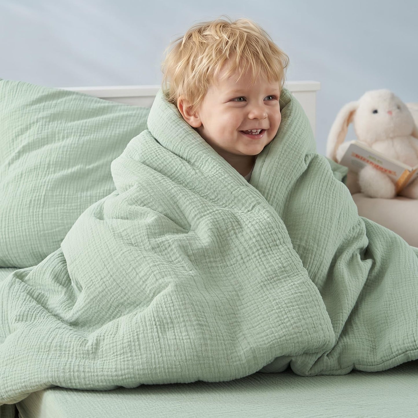 PHF Cotton Muslin Toddler Bedding Set, Soft 3 Piece Toddler Comforter Kids Bed Set, Green Bedding Set for Boys