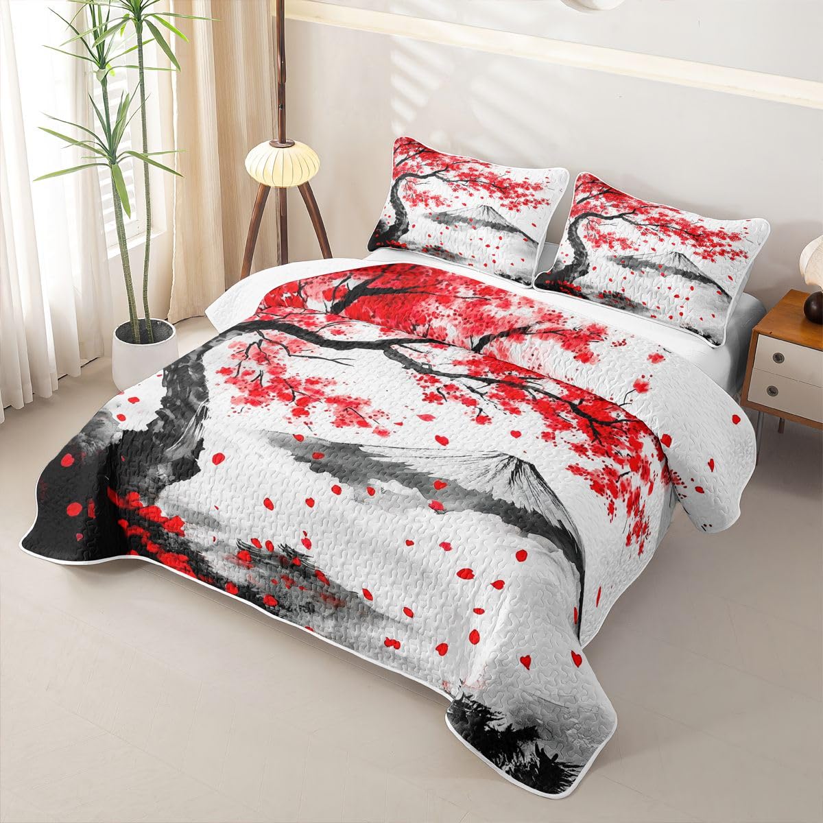 Erosebridal Asian Japanese Quilt Twin Size - Red Cherry Blossom Fuji Mount Bedspread Japanese Traditional Bed Coverlet with 1 Pillowcase
