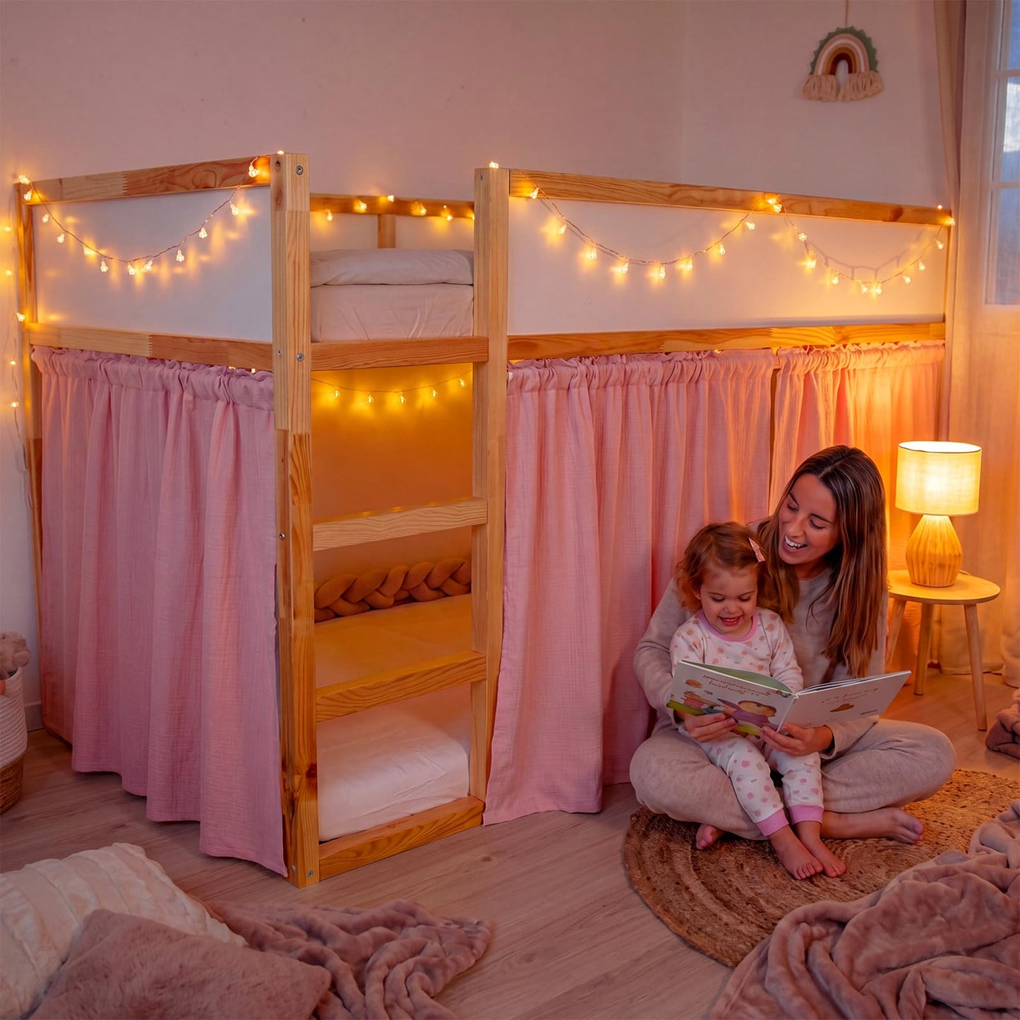 Breling 3 Pcs Panel Muslin Cotton Curtains Set for Loft Bed Pink Bunk Bed Privacy Curtains Breathable Fabric with Storage Bag for Bedroom Playhouse Dorm