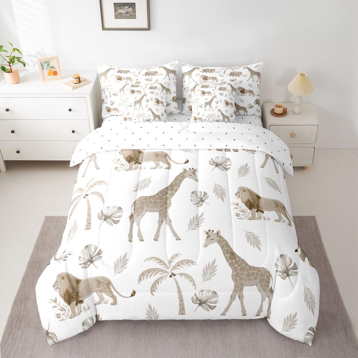 Erosebridal Jungle Animals 7 Piece Bedding Set Twin Elephant Lion Giraffe Animal Comforter Set with Sheets African Bed in A Bag Hunter Brown Wildlife Bed Sets with 2 Pillowcases, 2 Throw Pillow Covers