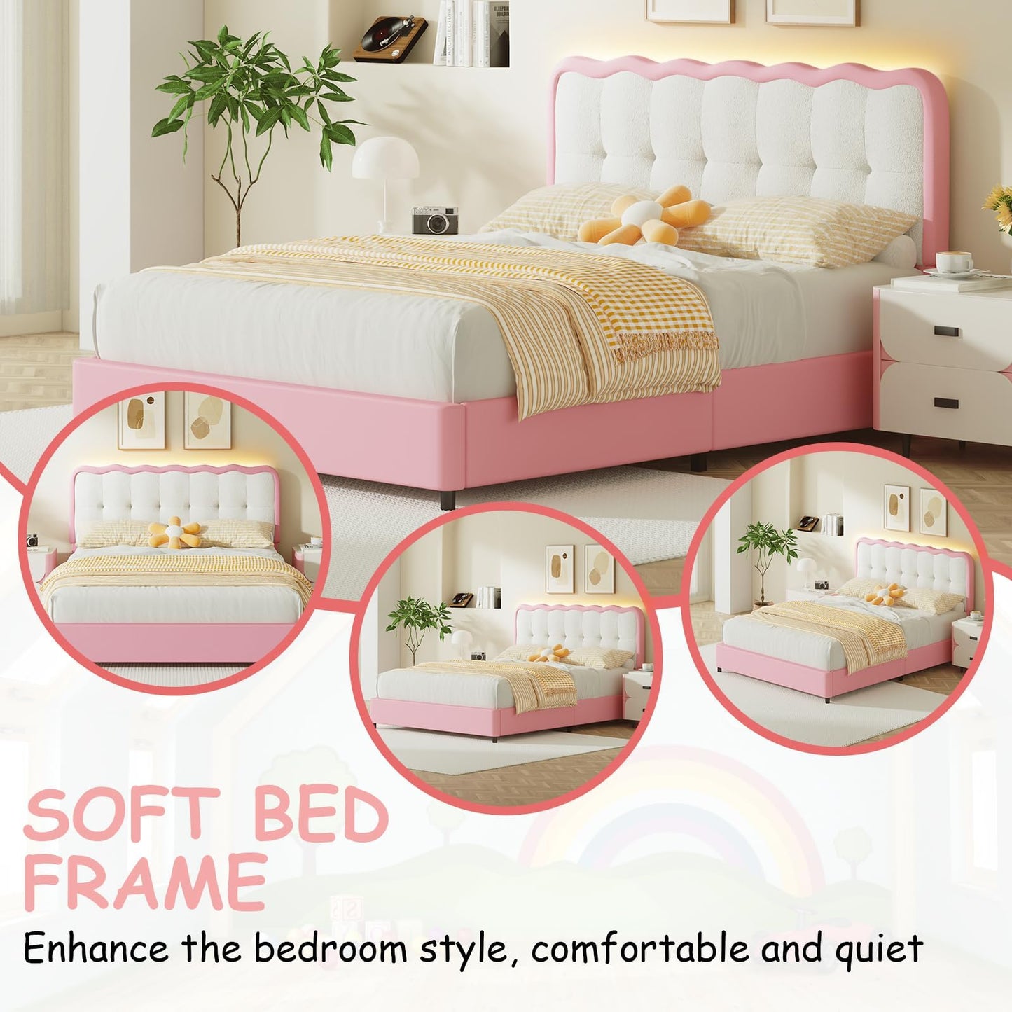 BarnFurin Queen Bed Frame, Upholstered Platform Bed with Cloud Headboard, Modern Bed Frame with Anti-Collision Soft Design, No Box Spring Required, Easy Assembly, Pink
