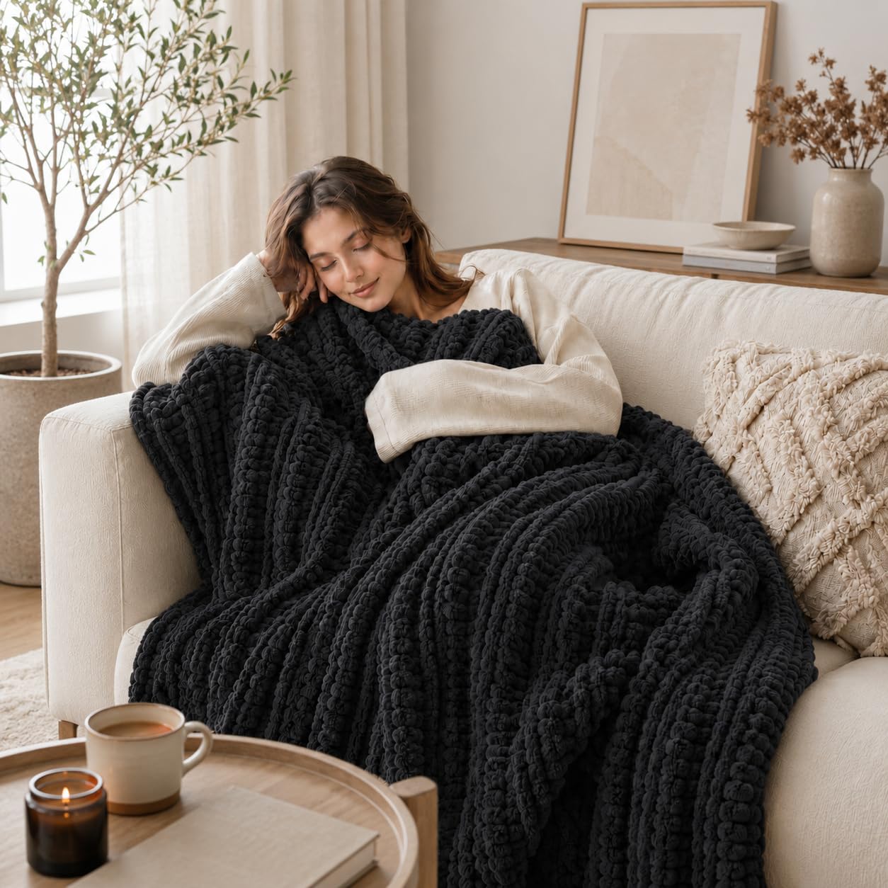 Battilo Chunky Knit Throw Blanket for Couch, Hand Made Chenille Throw Blanket, Super Soft Warm Cozy Charcoal Blanket for Bed, Sofa, Living Room, 50"x60"