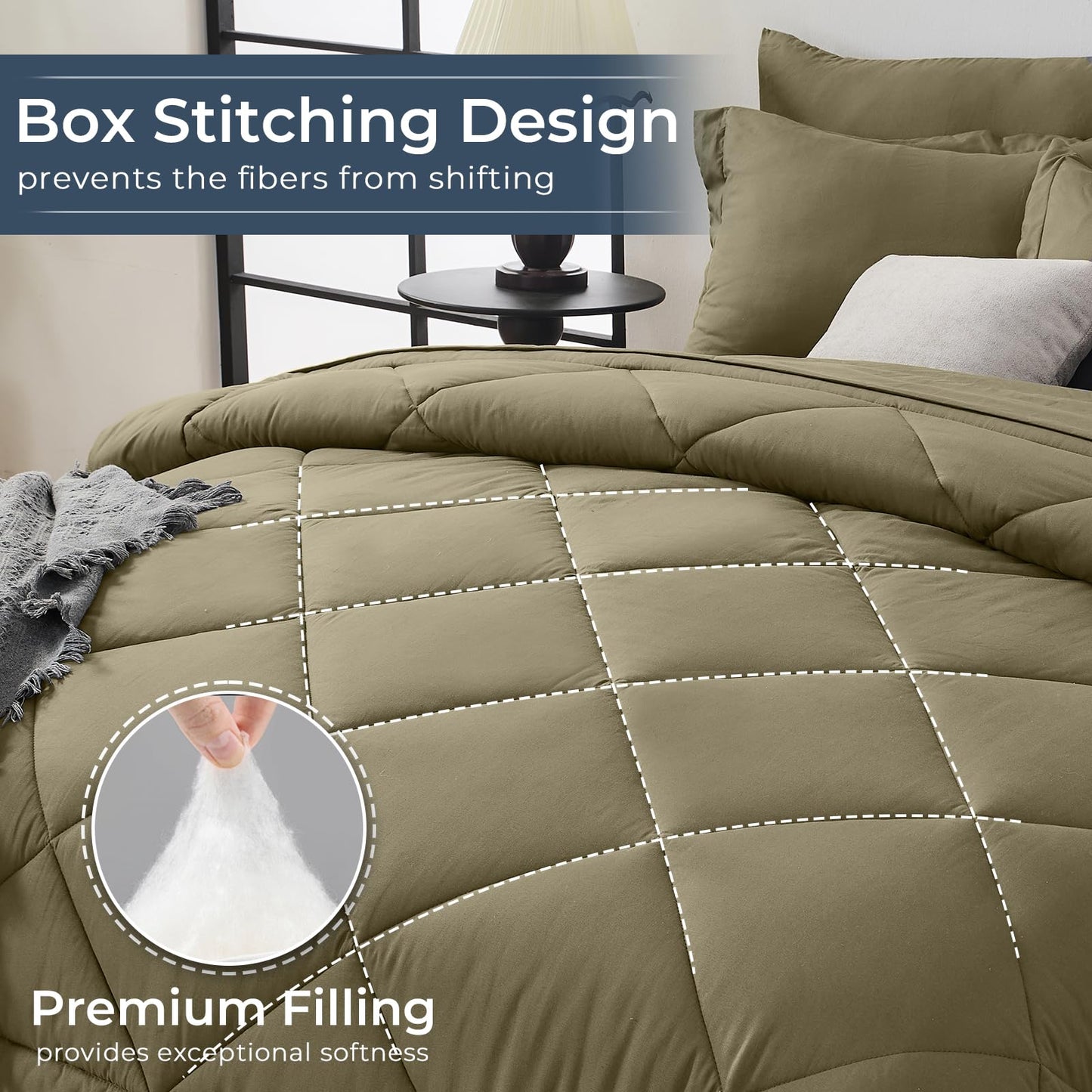 HEVUMYI Olive Green Queen Comforter Set - 7-Piece All Season Bed in a Bag Queen, Ultra Soft Bedding Set with Comforter, Flat Sheet, Fitted Sheet, Pillowcases, Pillow Shams, Olive Green