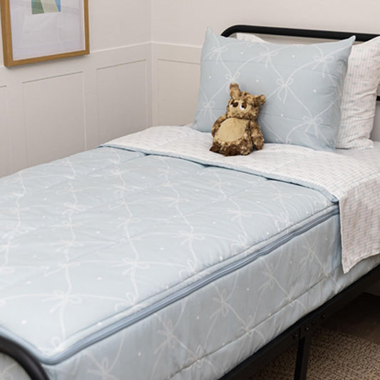 Beddy's Ribbon & Bow Theme Durable Zipper Bedding for Kids - Bed in a Bag - White Striped Sheets with Baby Blue Comforter - Includes Pillowcase & Sham - Twin