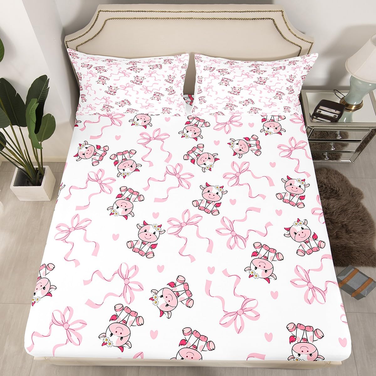 Erosebridal Pink Bow Bed Sheets Set Full Size, Dreamy Princess Cute Cow Flat Fitted Sheet for Kids Girls Women Bedroom, Cartoon Bowknot Bedding Set, Girly Love Heart Bed Sets with 2 Pillow Cases