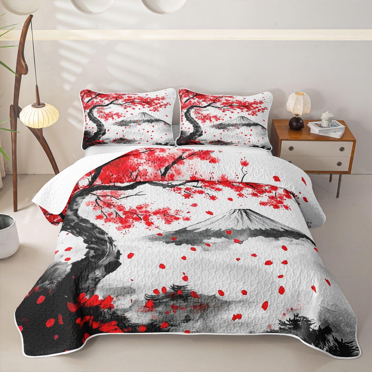 Erosebridal Asian Japanese Quilt Twin Size - Red Cherry Blossom Fuji Mount Bedspread Japanese Traditional Bed Coverlet with 1 Pillowcase