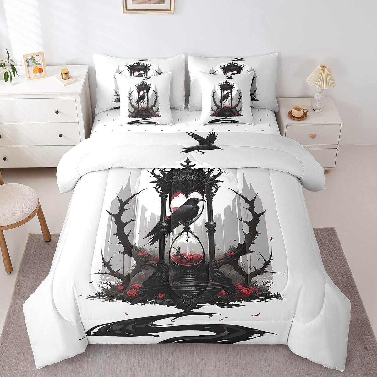 7 Pieces Twin Size Gothic Crow Comforter Set,Red Roses Flowers Hourglass Halloween Bedding Set for Boys Girls,Bird Animal Rustic (Comforter+Fitted+Flat Sheet+2 Pillowcases+2 Throw Pillow Covers)