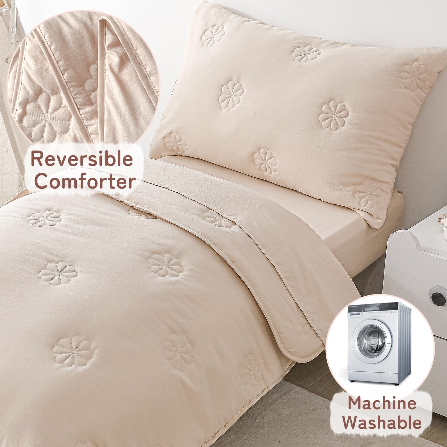 DreLunis 4-Piece Toddler Bedding Sets for Girls Boys, Soft Microfiber Floral Embroidery Toddler Bed Comforter Bed-in-a-Bag Includes Comforter, Flat Sheet, Fitted Sheet, Envelope Pillowcase, Beige