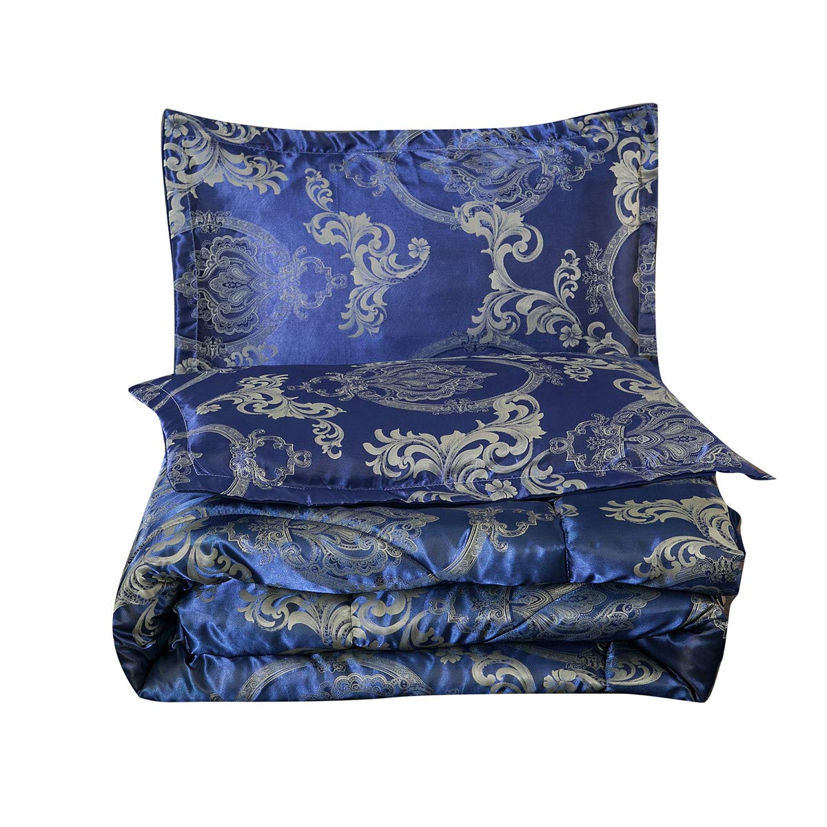 Raytrue-X Comforter Set Satin Silk Blanket All Season Bed Luxury Royal Blue Jacquard Quilt Bedding Sets Matching 2 Pillow Shams (Full/Queen, 88x88 inches, 3 Pieces)