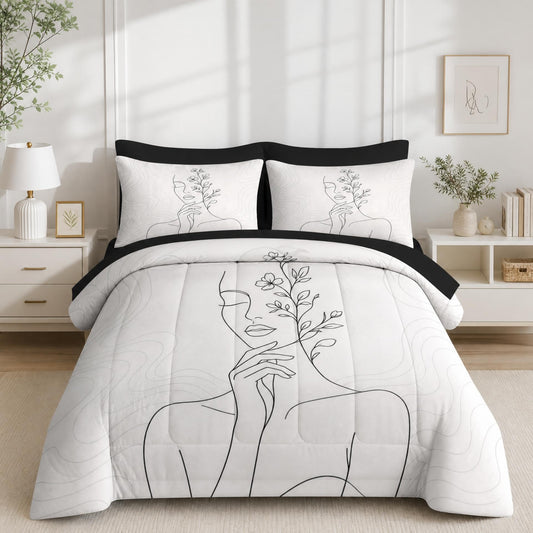 Boewywh Comforter Set Twin Size Minimalist Boho Floral 7 Pcs, Bedding for Kids and Adults, Bed Sheet Sets with Fitted Sheet 2 Pillowcases & 2 Shams for Bedroom Bed Decor