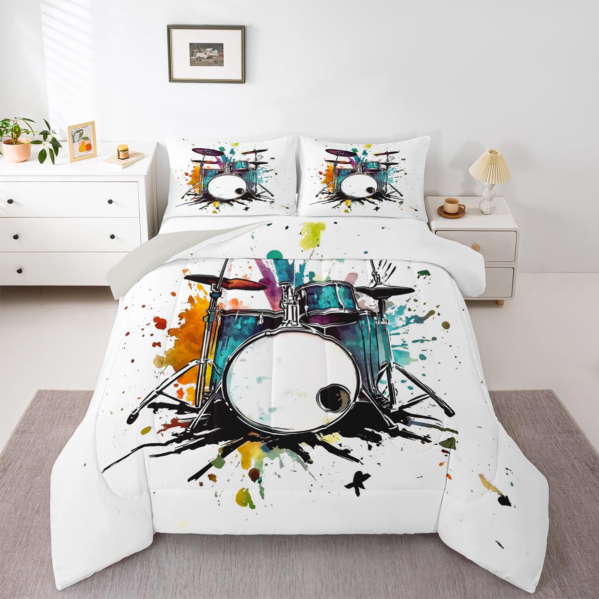 Erosebridal Drum Kit Kids Comforter Sets Rock Music Instrument Queen Bedding Set for Boys Girls Watercolor Drum Kit Comforter Set,Music Theme Quilt Duvet 3 Pcs