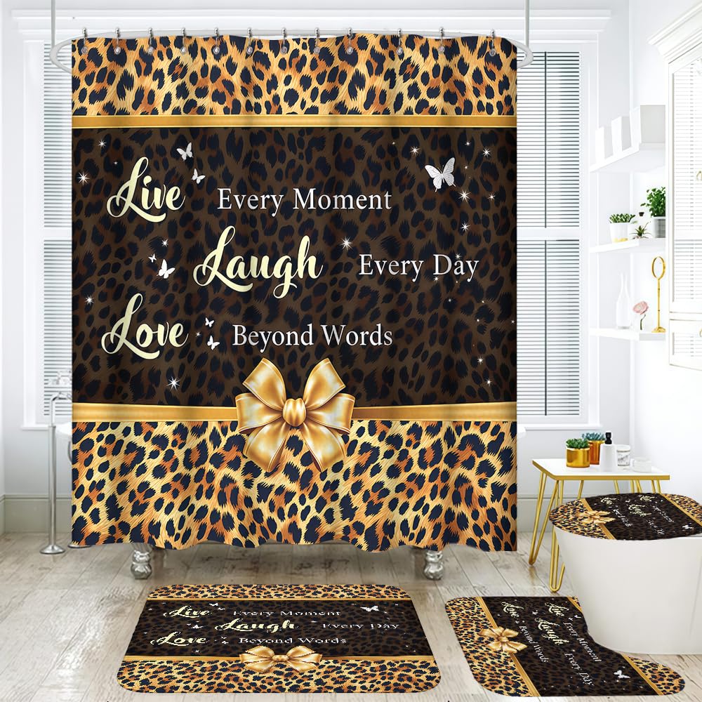 Waitaikong 4Pcs Live Laugh Love Leopard Print Shower Curtain Set, Glam Animal Print with Gold Bow Motivational Quote Bathroom Decor, Waterproof Fabric Bath Set with 12 Stainless Steel Hooks, 72x72