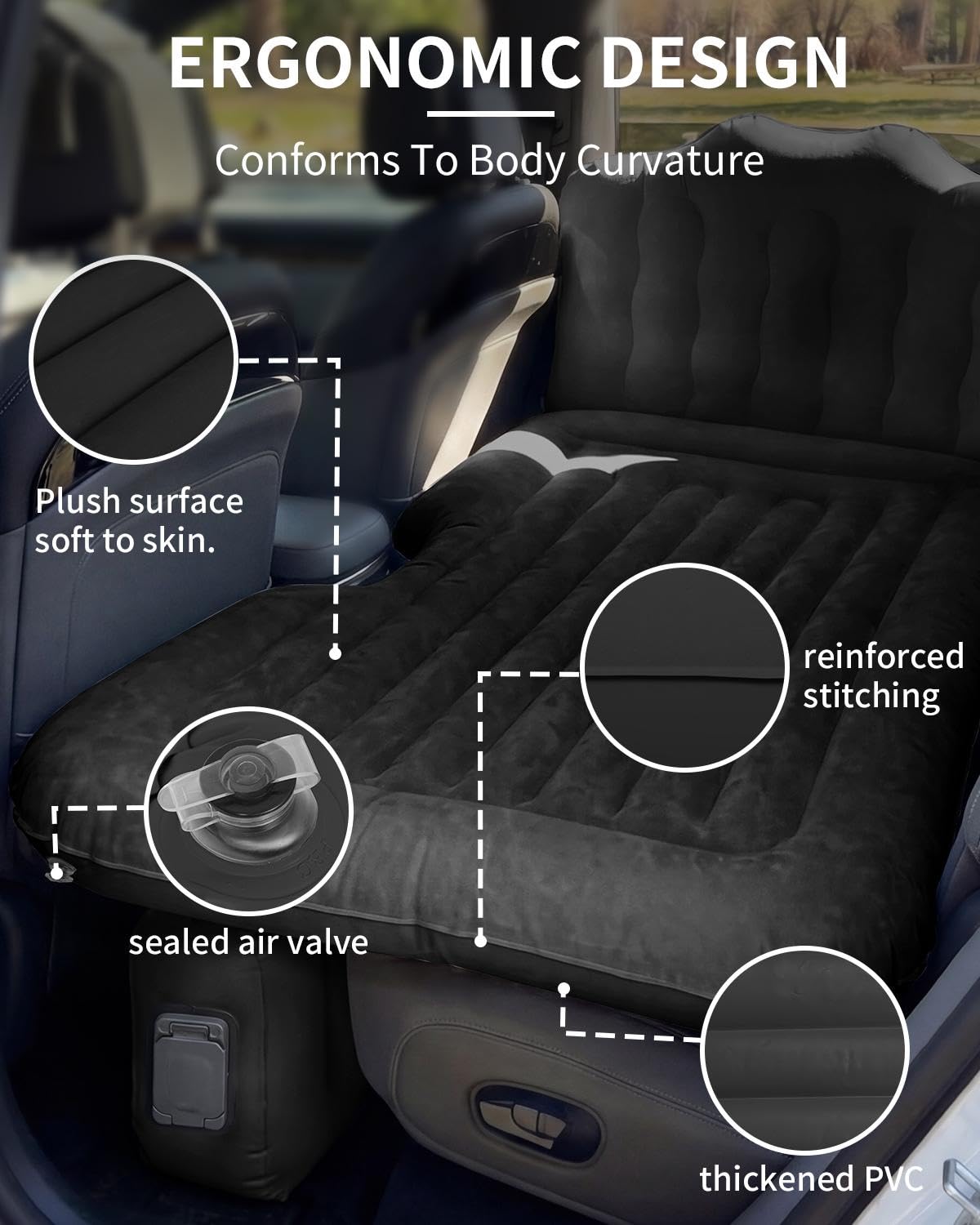 Umbrauto Back Seat Car Air Mattress: Cordless Inflatable SUV Car Camping Bed for Truck Van with Built-in Air Pump, Thickened Double-Sided Flocking Travel Car Sleeping Pad