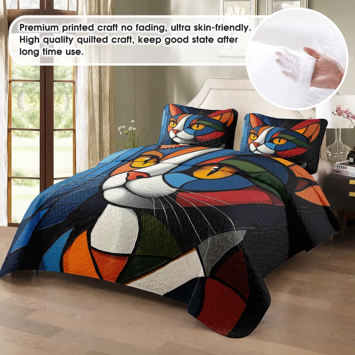 LUSHIS Patchwork Quilt Set, Patchwork Throw Bedspread Bed Sets - Animals Coverlet Sets All Season Soft Microfiber Lightweight Bedding Set (Cat)