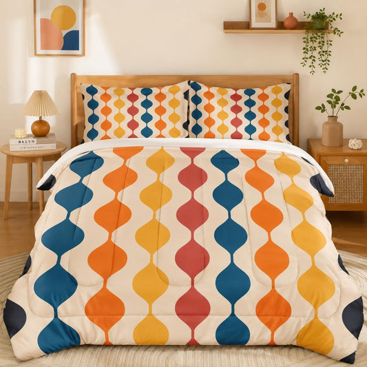 Pamnest Comforter Set Full Size, Geometric Hippie Multicolored Soft 3 Pcs Bedding for Kids and Adults, Retro Vintage 70S Comforter Set with Pillowcase, for Bedroom Bed Decor
