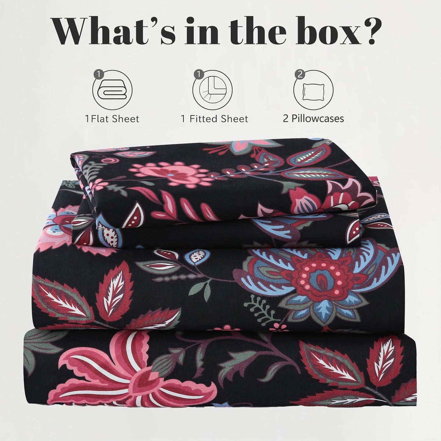 Bedlifes Queen Sheet Set Ultra Soft, Breathable, Silky Flower Deep Pocket 100% Microfiber Bedding, 4 Piece Queen Size with Floral,Black Red Flowers