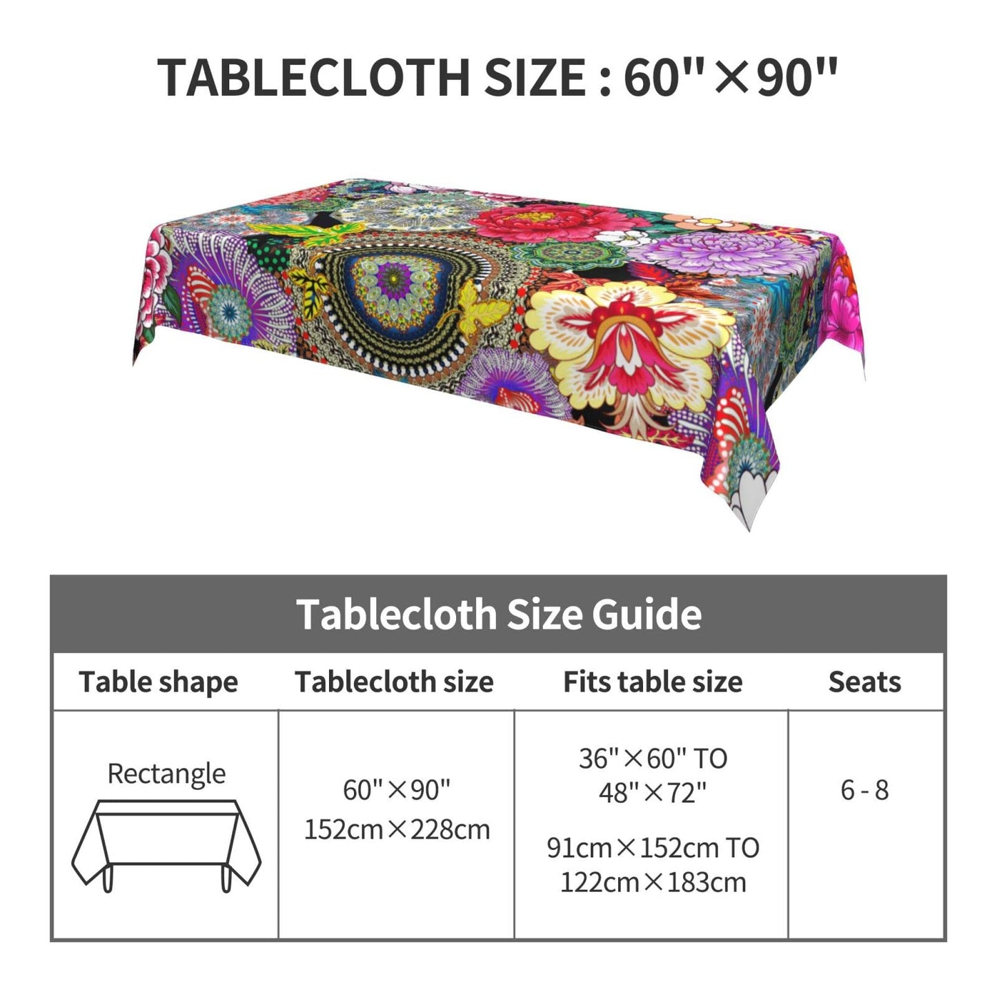 Mandala Flower Tablecloth Table Cover Washable Tabletop for Kitchen Dinning Decoration Rectangle 60x90inch