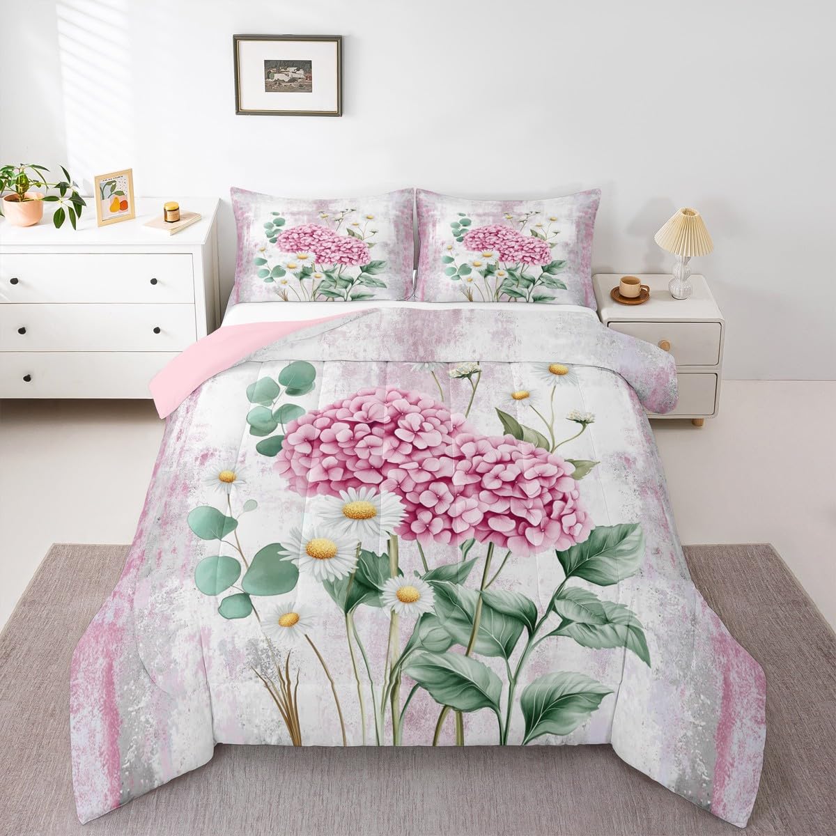Erosebridal Watercolor Flowers Queen Comforter Set Abstract Oil Painting Hydrangea Bedding Set Rustic Farmhouse Bed Set Ombre Pink Green White Quilt Set