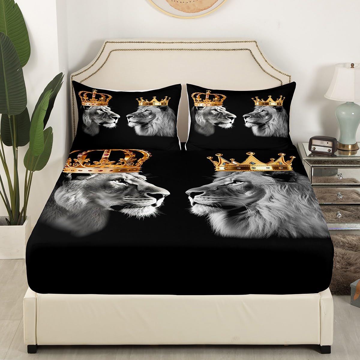 Wild Lion Couple Fitted Sheet Set Full Size 4pcs,Gold King and Queen Crown,Bedding Sets(1 Fitted, 1 Flat, 2 Pillowcases) Tropical African Animal Luxury Deep Pocket Bed Sheets, Modern
