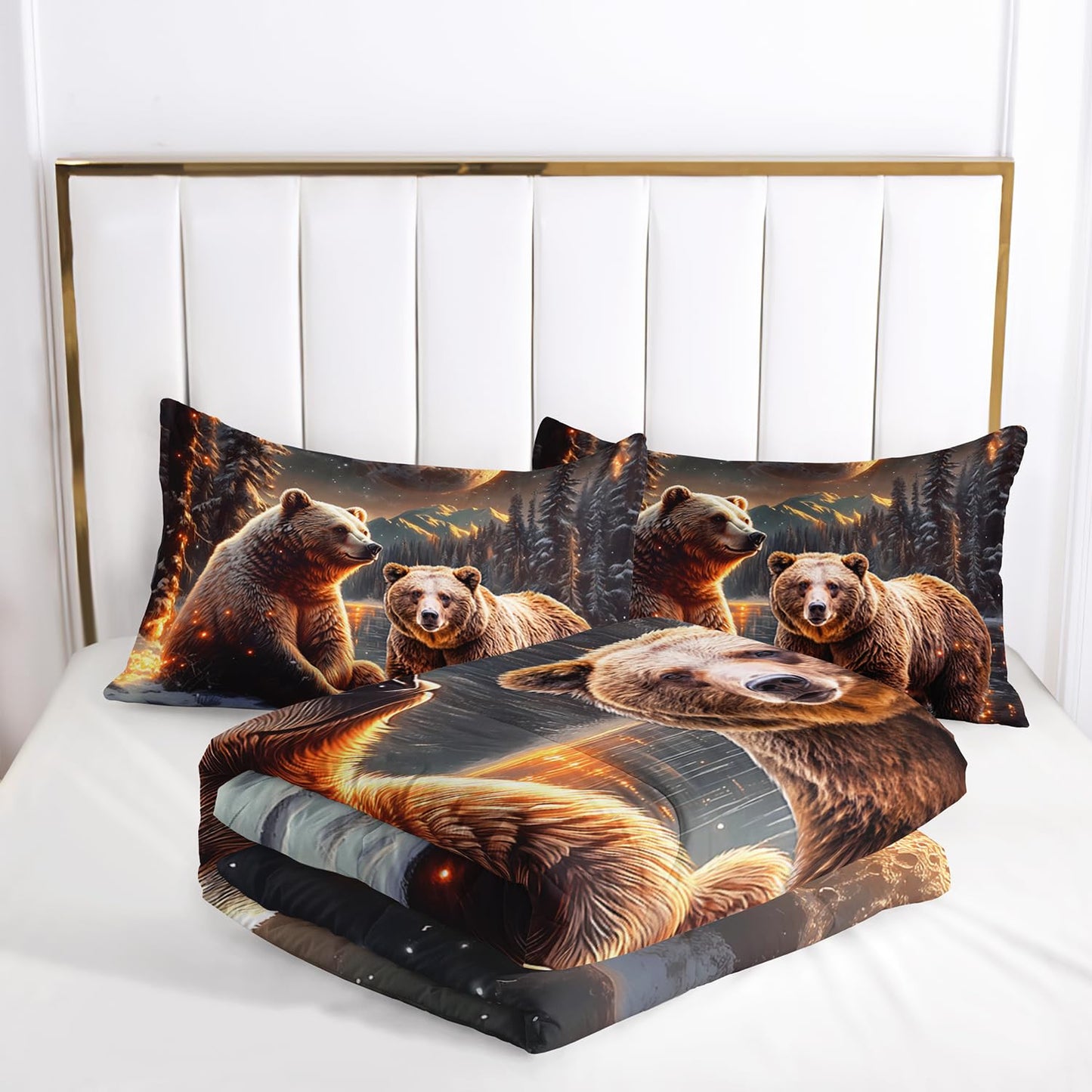 AILONEN Boys Rustic Bear Bedding Set Queen Size,Starry Brown Bear Comforter with 2 Pillowcases,3-Piece Snow Animal Soft Duvet Set