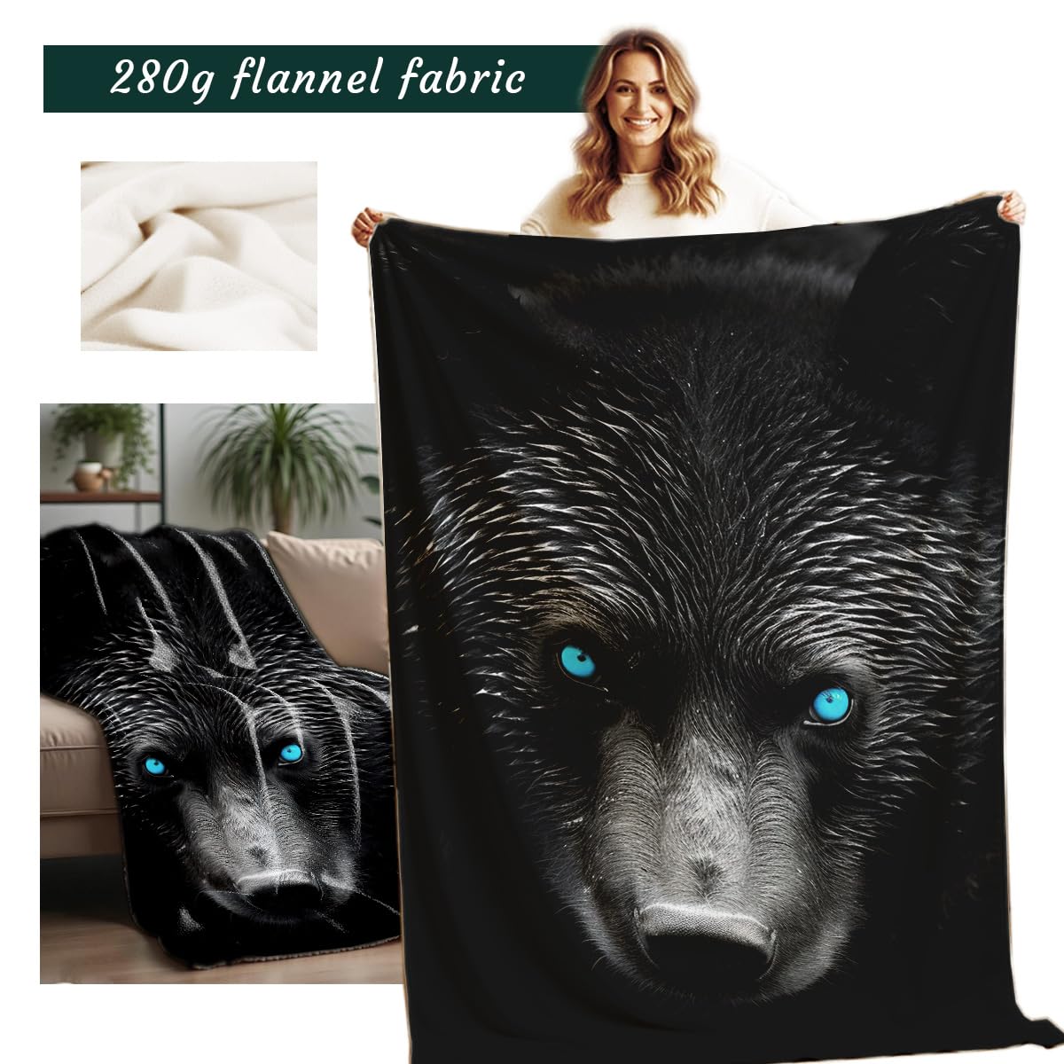 HUNXIAOJ Printed Bed Blanket Black and Blue Wild Animal Throw Bear Flannel Blankets Queen Size Blankets for Men Boy Bed Sofa Office Chair Blanket (49"x59")