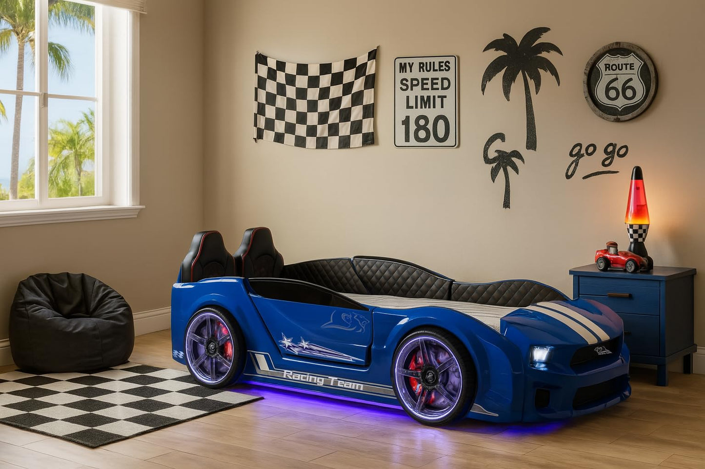 Luxury Race Car Bed for Kids – LED Lights, Sports Car Design, Sound Effects, Twin, Ergonomic & Comfortable Sleeping Experience (Blue)