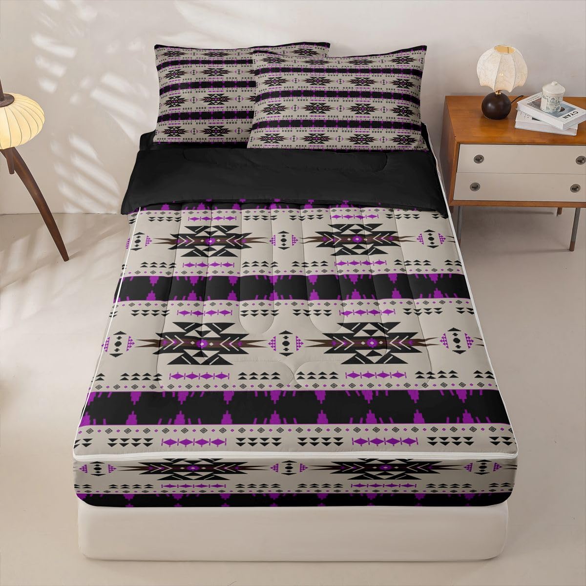 Vintage Exotic Geometric Zipper Bedding Set Queen Zip Up Bedding Western Ethnic Tribal Arrow Comforter Set African Tribal Sriped Triangle Bed in a Bag Brown Purple Bed Set with Comforter and Sheets