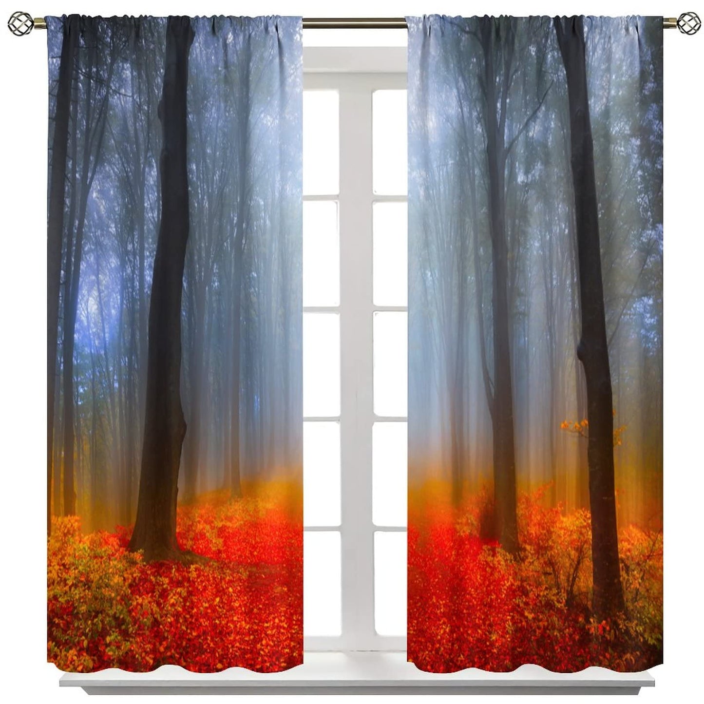 DDCBNS Autumn Forest Curtains,Misty Forest Red Fall Leaf Landscape Décor Curtains for Bedroom Living Room Kitchen Drapes 2 Panel Set,Total Size 42" x 45"