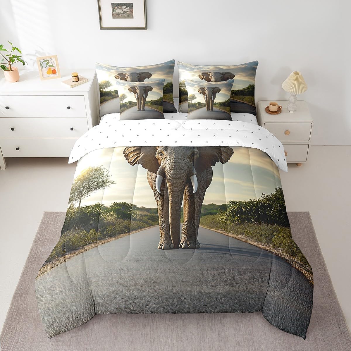jejeloiu Elephant Comforter Set 7 Pieces Full Size Kids Boho Exotic Style Bed in a Bag for Boys Girls Ethnic Bedding Set Wildlife,Comforter + Sheets + Pillowcases + Cushion Covers