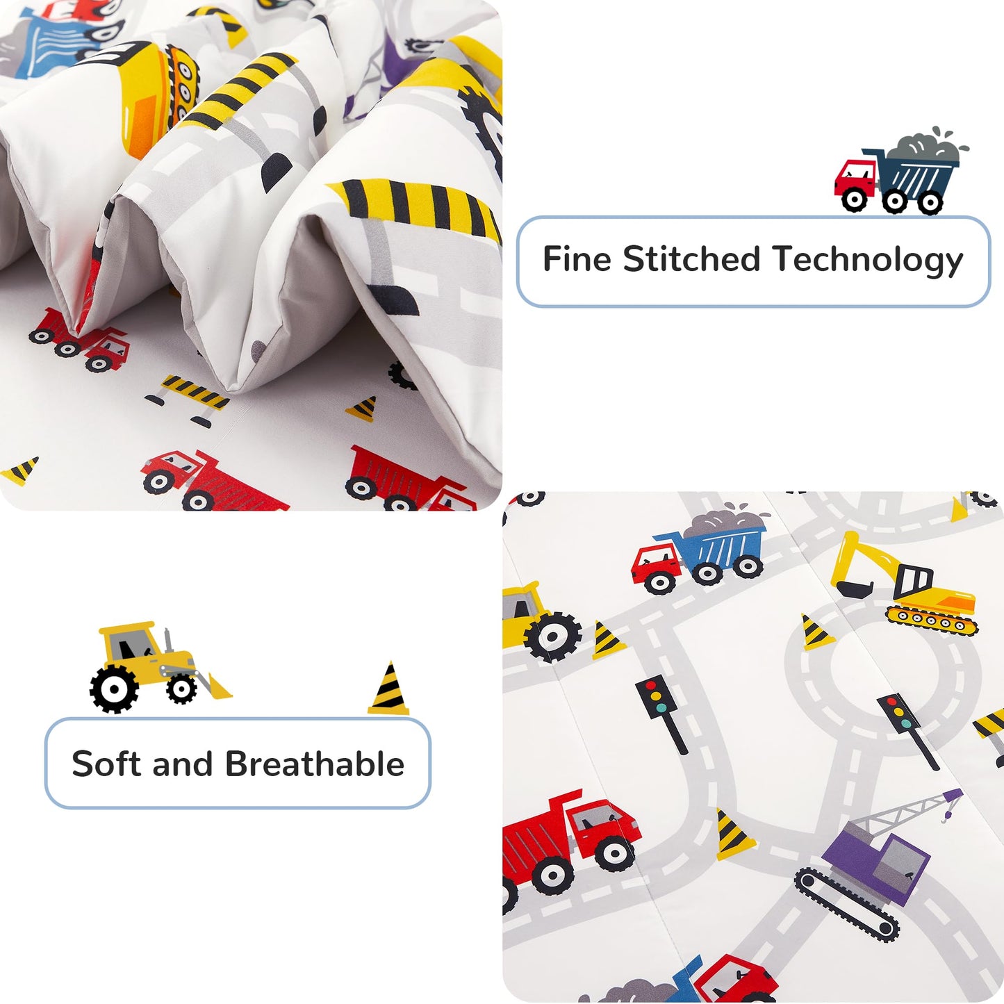 Viviland Kids Twin Bedding Sets for Boys, Girls Soft Twin Comforter Set with Sheets, 5 Pieces Microfiber Bed in a Bag, White Car Excavator