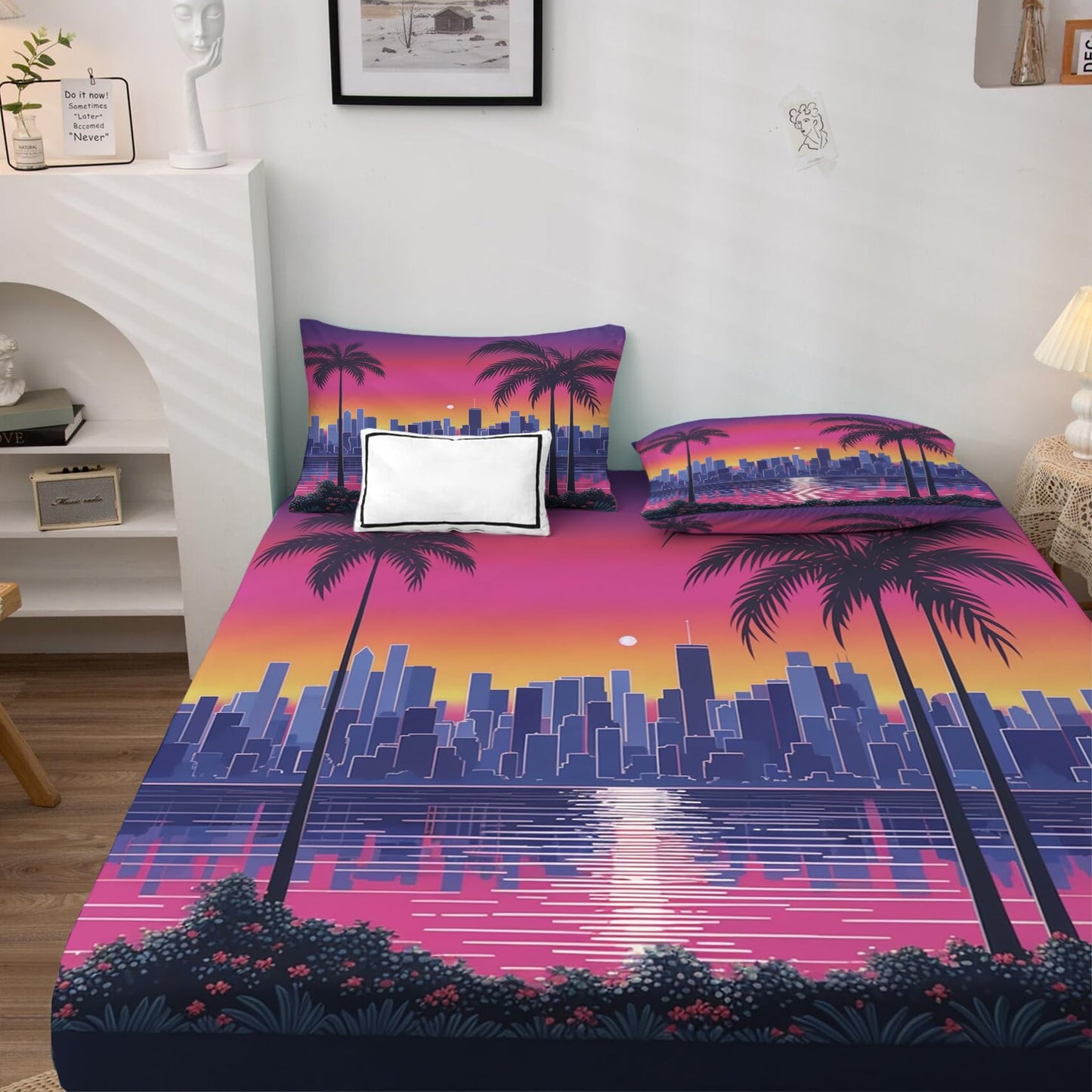 zcsm Tropical Palm Tree Sheets King Sheet Sets - Neon Hawaiian City Bed Sheets, Soft Microfiber & Deep Pocket & Wrinkle Free Bedding Sheets & Pillowcases, 1 Fitted Sheet, 1 Flat Sheet, 2 Pillow Cases
