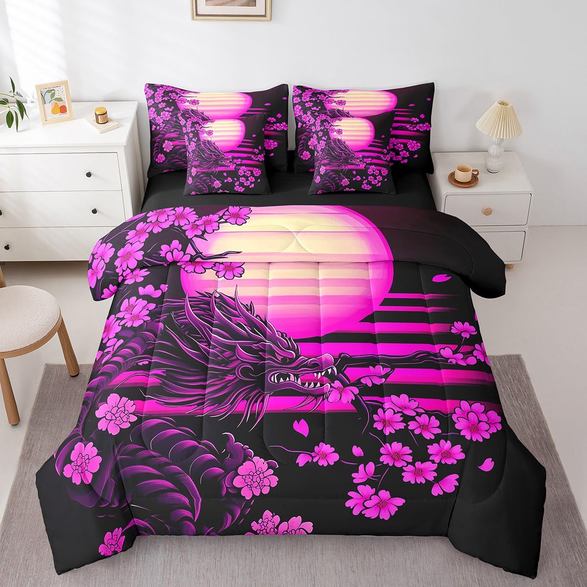 Erosebridal Japanese Cherry Blossom Bed in A Bag Exotic Magical Wildlife Dragon Bedding Set for Kids Boys Girls,Ukiyo-E Theme Twin Comforter Set 7 Piece Pink Sakura Flower Bed Set