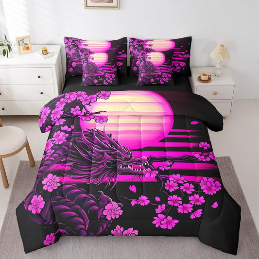 Erosebridal Japanese Cherry Blossom Bed in A Bag Exotic Magical Wildlife Dragon Bedding Set for Kids Boys Girls,Ukiyo-E Theme Twin Comforter Set 7 Piece Pink Sakura Flower Bed Set