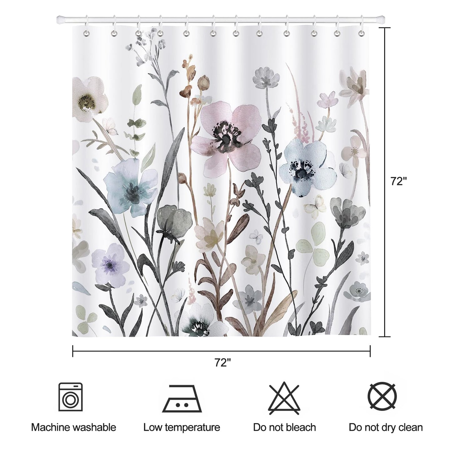 ZCHOMI Grey Pink Blue Floral Shower Curtain Watercolor Flower Shower Curtains for Bathroom Waterproof Polyester Fabric Bathroom Curtain 72 x 72 Inch with 12 Plastic Hook
